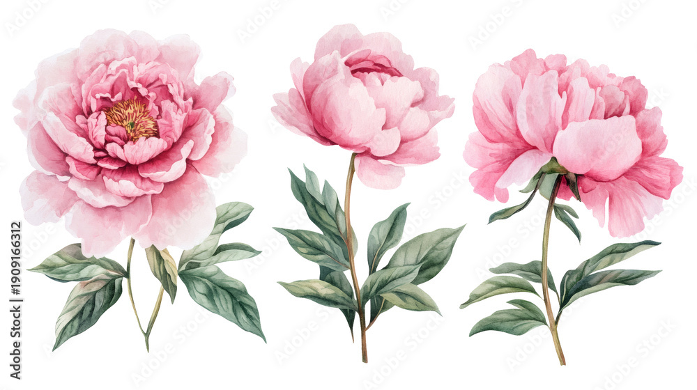 Fototapeta premium Watercolor pink peony elements: blooms, buds, leaves, isolated on transparent background, botanical illustration