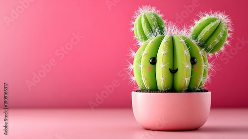 Wallpaper Mural Cute cactus with a smiling face in a pink pot, placed on a pink background, featuring a vibrant green color and playful design, ideal for decorative purposes and home decor Torontodigital.ca