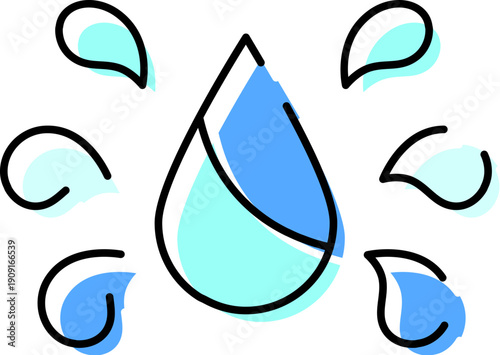 Blue water droplet icon centered on a white background, surrounded by smaller splashes, illustrating concepts of hydration, cleanliness, and fluid dynamics with a doodle line art style