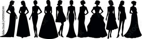 Collection of eleven diverse black female silhouettes in elegant evening gowns isolated on a white background