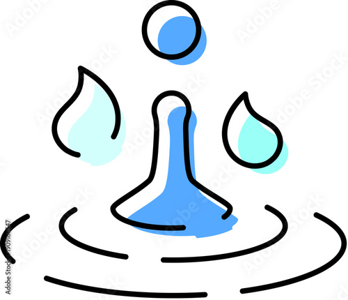 Water drop hitting a surface, generating an upward splash and concentric ripples, with additional small drops flying, illustrating concepts of freshness, purity, and liquid dynamics