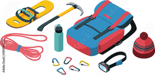 Isometric hiking gear illustration set, outdoor adventure equipment collection, backpack climbing tools camping accessories vector design bundle