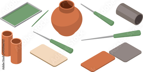 Isometric pottery tools illustration, ceramic crafting equipment set, clay modeling supplies, artisan workshop materials, vector studio design collection