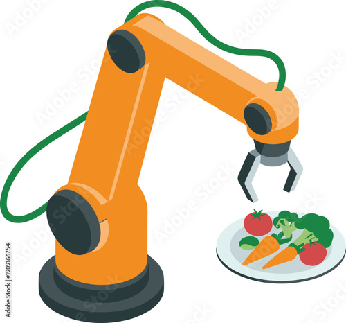 Isometric robotic arm food automation illustration, industrial kitchen robot plating vegetables, smart cooking technology vector design