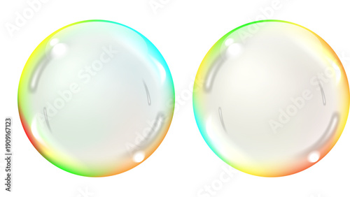 Rainbow Soap Bubbles Pair Iridescent Transparent Colorful Glossy Spheres Light Reflection Holographic Effect Clean Beauty Hygiene Concept Product Photography Marketing Commercial Graphics
