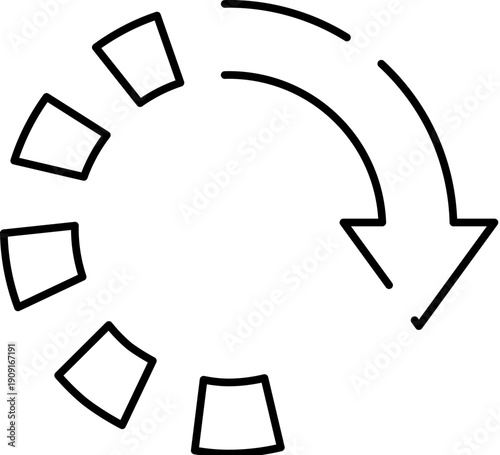 Loading indicator with clockwise arrow and segmented progress blocks representing refresh, update, reload, waiting, buffering or data synchronization for interfaces and apps, flat outline icon
