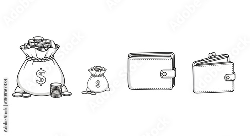 Money Bag and Wallets: Financial Savings, Wealth Accumulation, and Personal Finance Icons