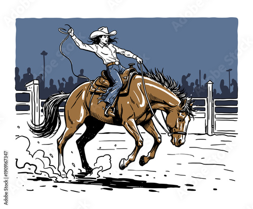 Extreme Rodeo Cowgirl Illustration Graphic, Vintage Vector Art of a Woman Riding a Bucking Bronco with a Lasso, Western Sport T-shirt Print Design