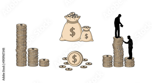 Money Bags and Coin Stacks with Silhouettes of People on Top, Business Growth Concept