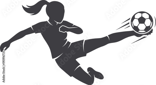 Soccer player female silhouette kicking ball vector illustration