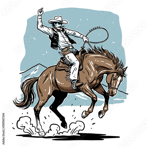 Extreme Rodeo Rider Vector Graphic Design, Dynamic Retro Cowboy on Wild Bucking Horse Illustration Print, Western Legend Mascot Emblem Concept