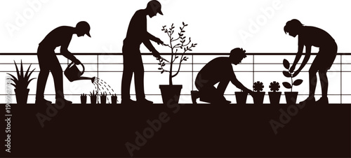 Silhouette of people gardening on balcony with plants and pots