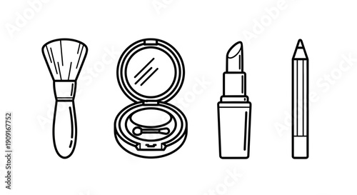 Makeup Essentials: Brush, Powder, Lipstick, Eyeliner - Clean Line Art Icons