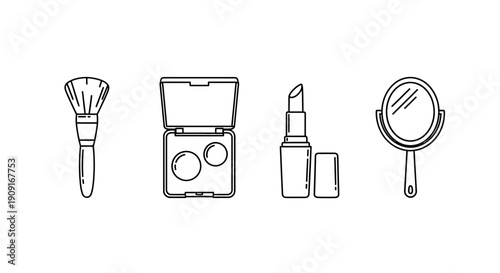 Makeup Essentials: Brush, Compact, Lipstick, and Mirror Line Art Icons