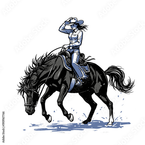 Extreme Western Cowgirl Riding Horse Vector Art. Vintage Rodeo screen print graphic design with powerful dynamic action and grunge texture for T-shirt or poster.