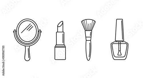 Makeup icons: mirror, lipstick, brush, and nail polish, simple line art, beauty concept