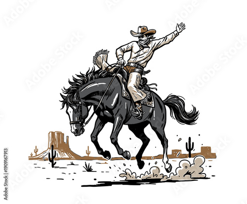 Retro Western Cowboy on Bucking Bronc Vector Art. Extreme Rodeo Sport Mascot for Vintage T-Shirt Print Design or Wild West Emblem.