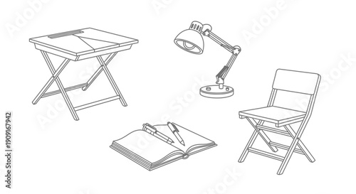 Minimalist Desk Setup: Foldable Table, Chair, Lamp, and Open Notebook with Pens