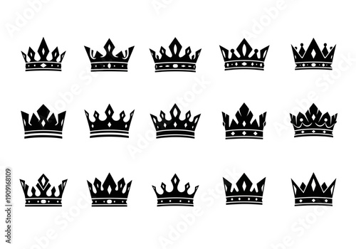 Collection of elegant crown icons in sleek black designs