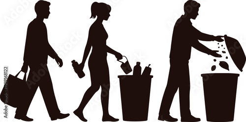 Silhouettes of people throwing away trash and recyclables waste