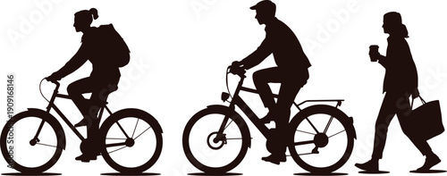 Silhouettes of people riding bicycles and walking commuting