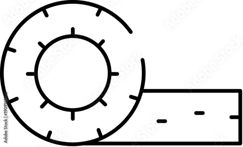 Outline icon depicting a flexible tape measure, partially unrolled from its case, illustrating concepts of measuring, accuracy, tailoring, and fitness