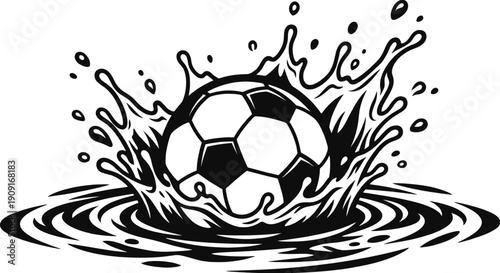 Soccer ball splashing in blue water ripples vector design
