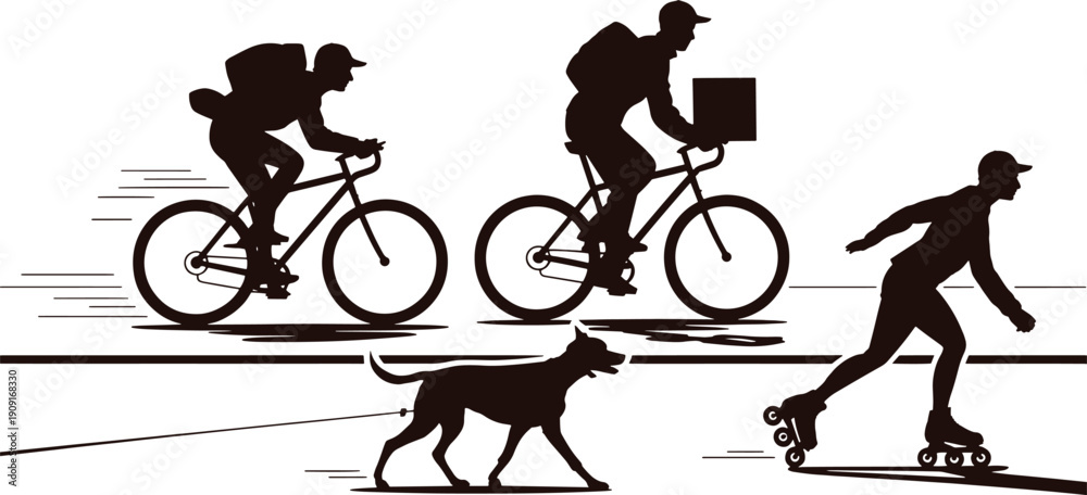 Obraz premium Silhouette of people riding bicycles and rollerblading with a dog walking