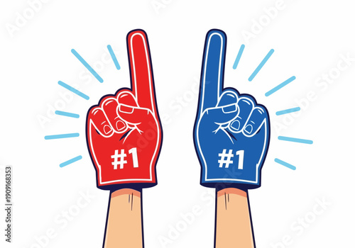 Cheering hands with number one gestures in red and blue