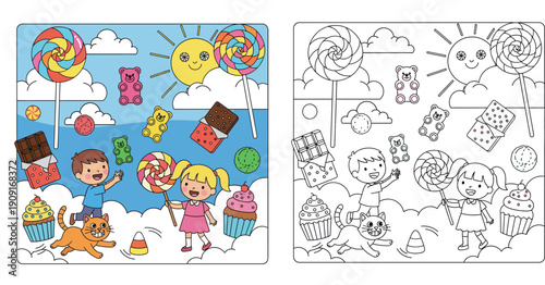 Happy cartoon children and a cat playing in a fantasy candy land sky filled with giant lollipops, chocolate, gummy bears, and cupcakes