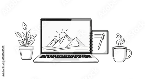 Creative Workspace: Laptop with Mountain Landscape, Plant, Notebook, and Coffee