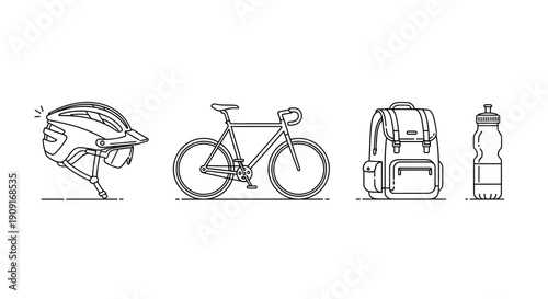Cycling Gear Icons: Helmet, Bicycle, Backpack, Water Bottle - Line Art