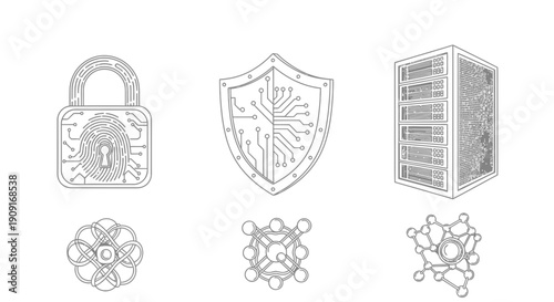Cybersecurity Icons: Lock, Shield, Server, Fingerprint, Network, Data - Technology Concept