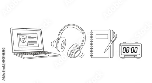 Desk Setup: Laptop, Headphones, Notebook, Pen, and Alarm Clock - Work From Home Concept