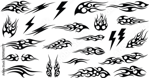Tribal flame and lightning bolt vector illustration, abstract tattoo design, dynamic sharp curves, bold symmetrical patterns for creative artwork