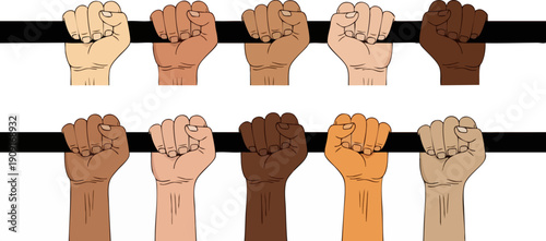Diverse skin tone fists holding black bar vector illustration, unity and protest concept, isolated on white