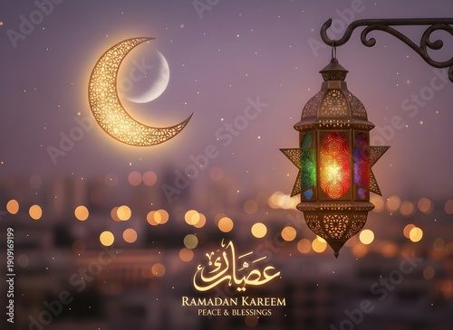 Colorful glass lantern hangs against a dark purple night sky.