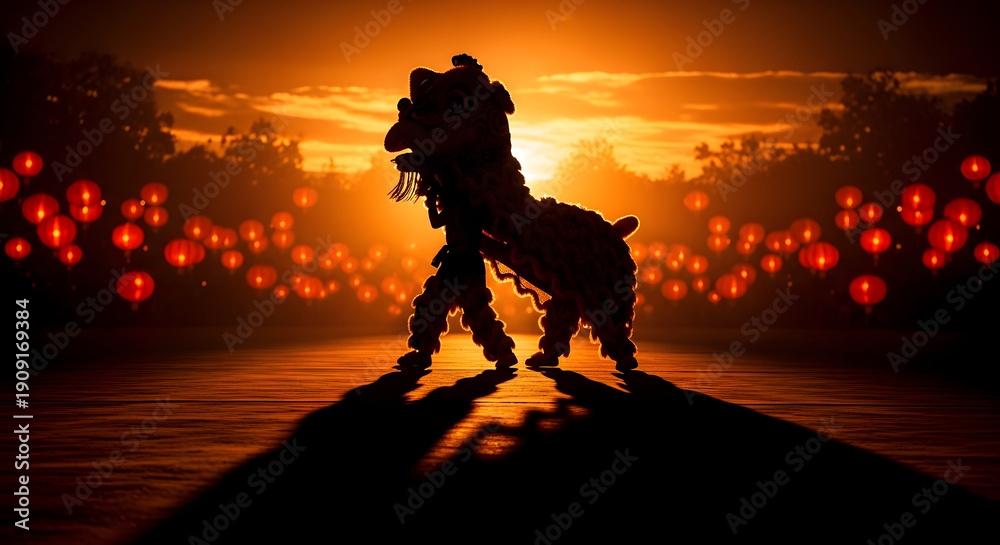 Fototapeta premium Silhouette barongsai against sunset sky