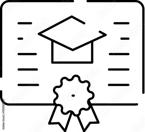 Outline icon representing an academic achievement, featuring a square graduation cap on a document with text lines and an award ribbon seal, symbolizing education, success, and official recognition