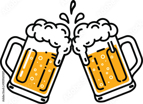 Two clinking beer mugs with splashing foam, toasting celebration icon, craft lager ale glasses, party cheers beverage vector illustration, isolated brewery graphic.