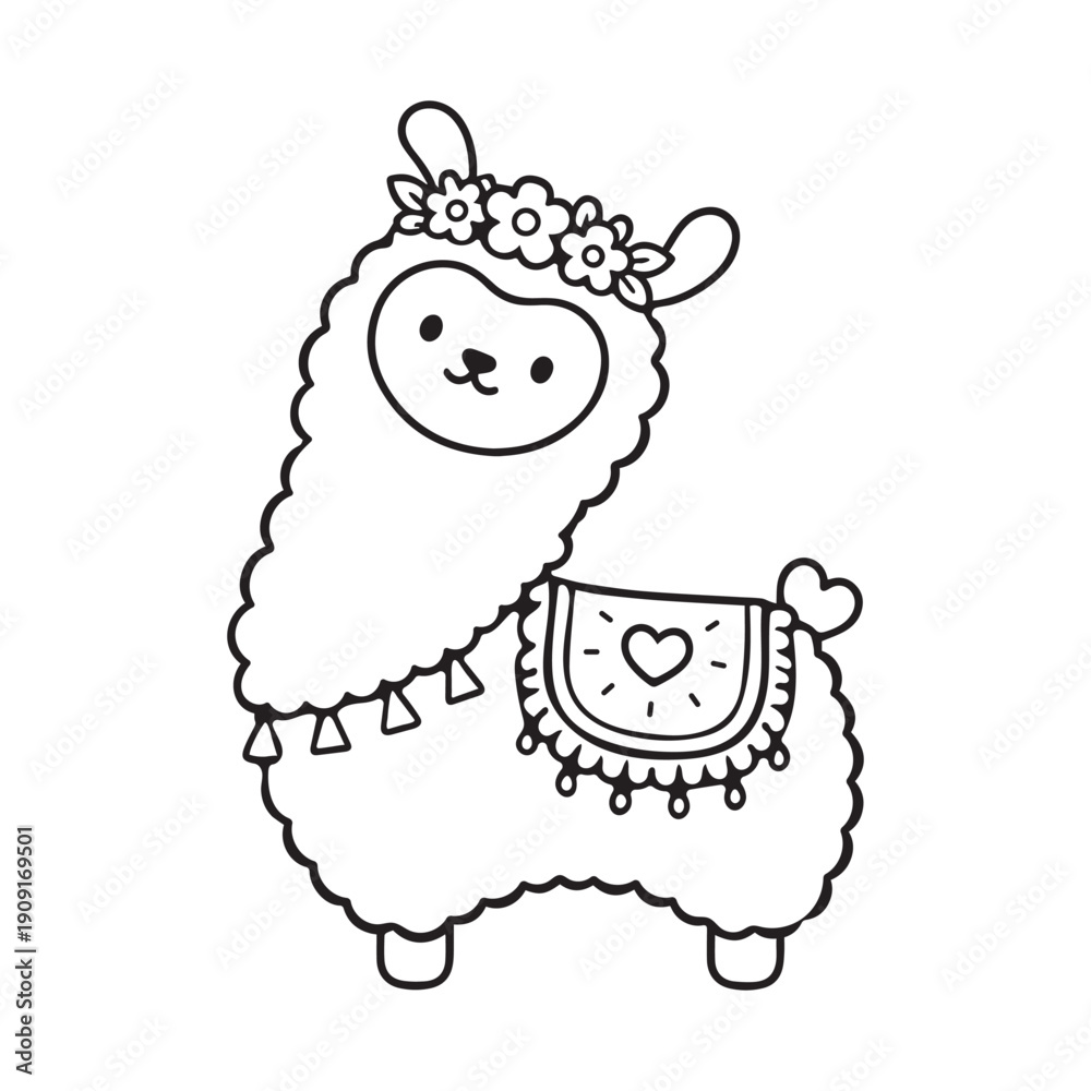 Naklejka premium Cute llama with a flower crown and decorated saddle