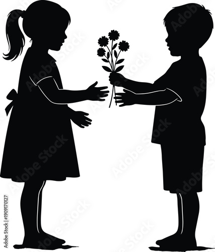 Black silhouette of a young boy giving a bouquet of flowers to a little girl isolated on white background for childhood friendship and kindness concepts