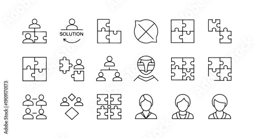 Teamwork puzzle icon set – collaboration, solution and business team line icons