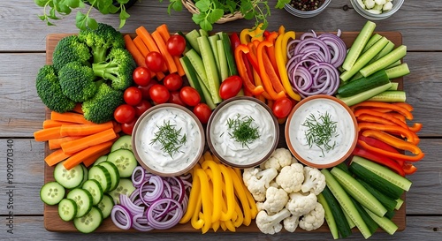 Fresh vegetable platter with dip and crudités arranged on a wooden tray
