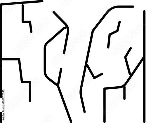 Abstract black and white cracked surface with sharp broken lines and fractures, minimalist texture conveying damage, stress, separation, rupture and worn, grunge impact symbol