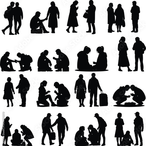 Collection of human silhouettes in various poses and interactions