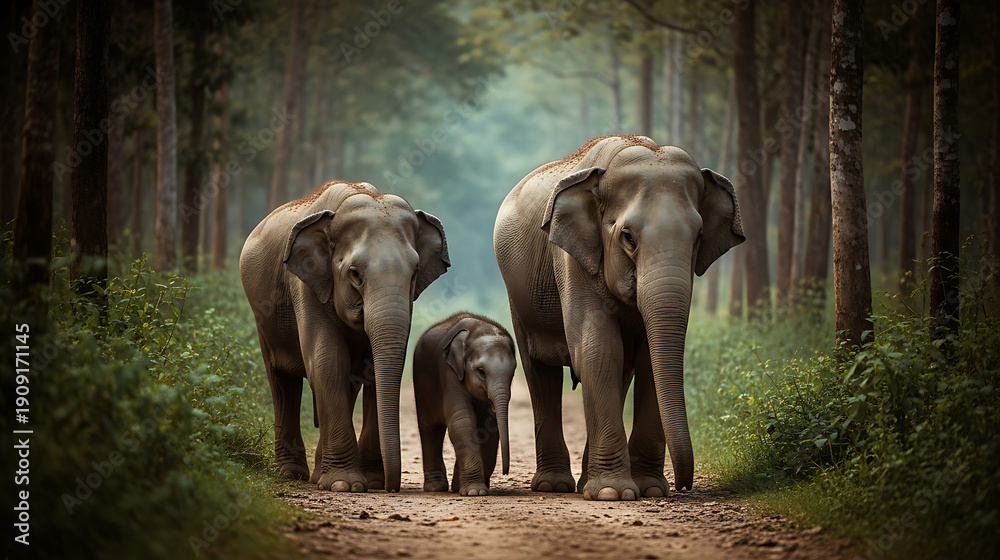 Fototapeta premium Family of elephants walking on a dirt path through a dense, misty forest with tall trees.