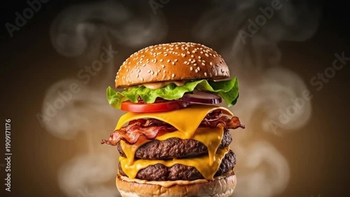 Delicious cheeseburger with bacon and cheese exploding in mid-air