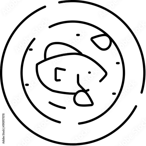 Line art drawing depicting a prepared fish meal served in a bowl, representing a concept of healthy seafood, gourmet cuisine, and restaurant menu items for various food related designs