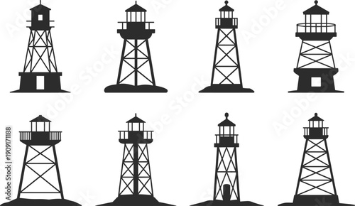 Stylized lighthouse vector silhouettes, architectural tower illustration set, coastal beacon designs, maritime navigation artwork, ocean, sea, nautical, guiding light graphic